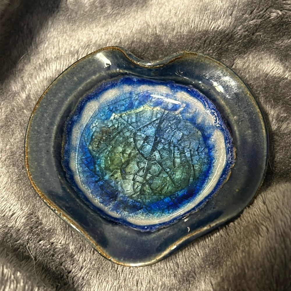 Pottery Crackle Glass Infused Pillar Candle Trinket Dish Blue Green Made In USA